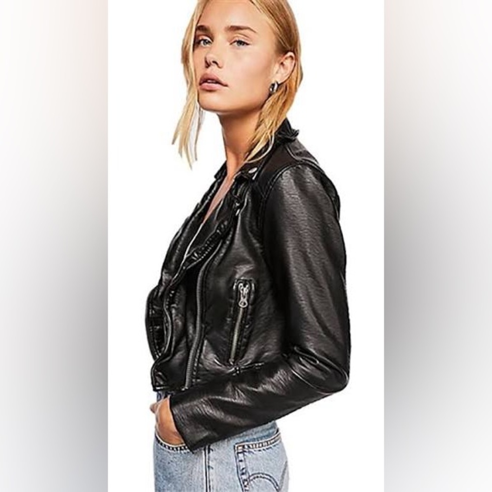 Free People We The Free Fenix Vegan Leather Moto Jacket in black